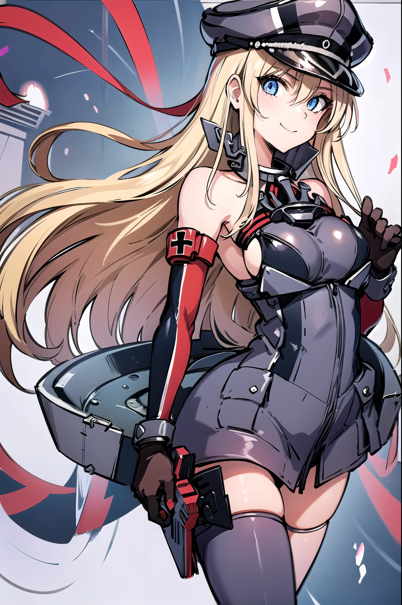 Bismarck_\( kancole \),  1 girl, Blonde,  has ,  long hair,  blue eyes,  gloves,  Military , brown  gloves,  peaked cap , Thighsの高い靴下,  Military  uniform, uniform, Bare shoulders, Separate sleeves,  Military   has , Iron Cross, chest,anchor, grey Thighsの高い靴下, large chest,  Long Sleeve , masterpiece,  top quality , Thighs, ( simple background), (White background:1.3), (front:1.5), nature,  hair clip,  solo focus ,  watching viewers against a tropical island in the background,  towards viewers,  standing with different breasts ,  Lightsmile ,(cropped foot, ), 