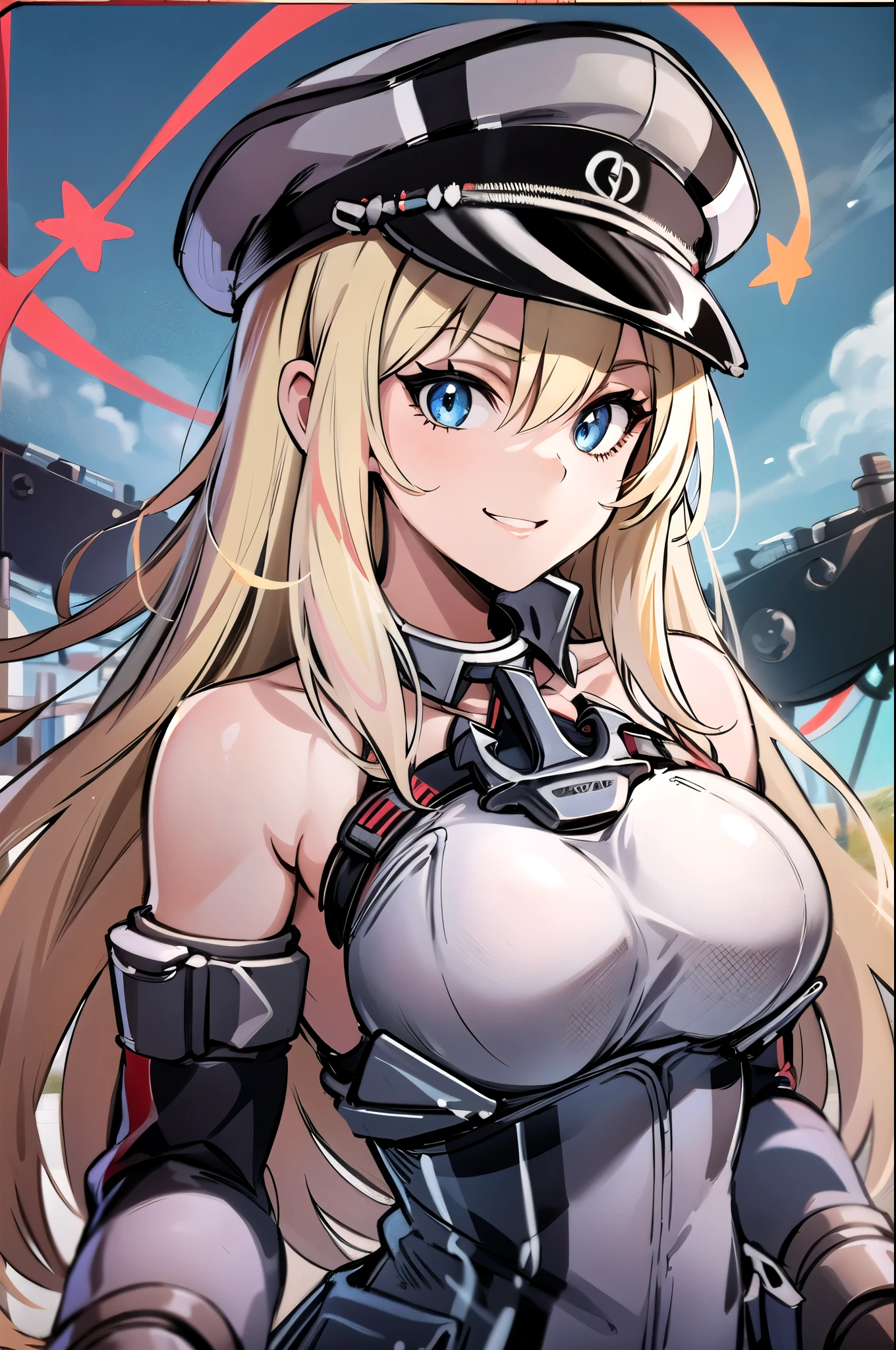 Bismarck_\( kancole \),  1 girl, Blonde,  has ,  long hair,  blue eyes,  gloves,  Military , brown  gloves,  peaked cap , Thighsの高い靴下,  Military  uniform, uniform, Bare shoulders, Separate sleeves,  Military   has , Iron Cross, chest,anchor, grey Thighsの高い靴下, large chest,  Long Sleeve , masterpiece,  top quality , Thighs, ( simple background), (White background:1.3), (front:1.5), nature,  hair clip,  solo focus ,  watching viewers against a tropical island in the background,  towards viewers,  standing with different breasts ,  Lightsmile ,(cropped foot, ), 