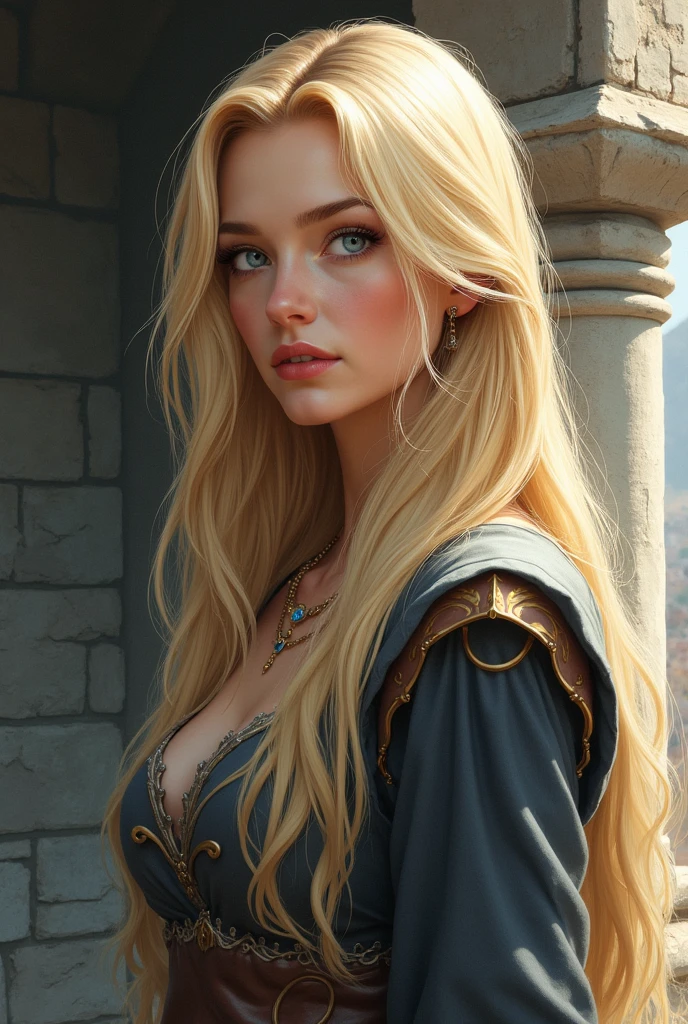  A woman with long blond hair and blue eyes standing in front of a stone wall,  a character portrait inspired by pink drawings  ,  trend in artstation ,  fantasy art, Artgerm and Lois van Baarle, artgerm style, In the style of Ross Tran, Style Ross Tran,  extremely detailed art artgerm , in the artgerm style