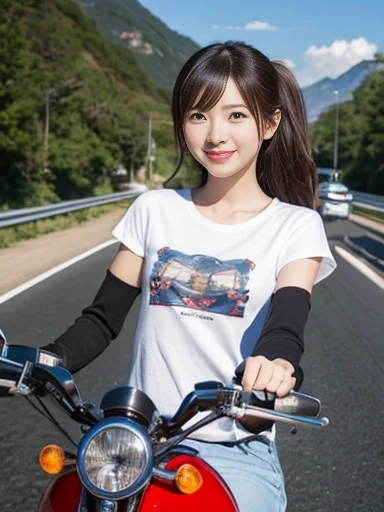 best quality, detailed, beautiful, insanely detailed, absurdres,perfect anatomy,
Japanese woman,black hair,27 years old,
(slender),
(small breasts),cheerful grin, (riding motorcycle),(leisurely touring on an American cruiser motorcycle) messy hair, t-shirt, white mini skirt, (angle from below:1.3)
