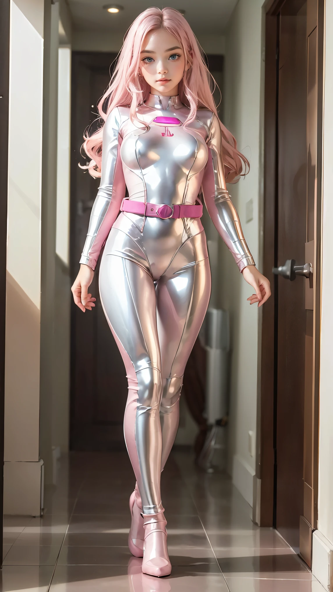 1 girl, Beautiful -yeld g, Angelic, Full body figure、cute face, skirt,
detailed and beautiful eyes, Full body figure、
(Big eyes:1.3),long eyelashes,
(beautiful detailed face and eyes:1.4),
beautiful long hair, Beautiful smile,
(highest quality:1.2),
Raw photo,
High resolution, full body, standing,
perfect details,
professional photography,
professional lighting, (metallic pink and white hero suit:1.3), super tight fit bodysuit, belt, breasts, beautiful feet, strong lighting on the bodysuit, at the hallway, sexy figure:1.2,