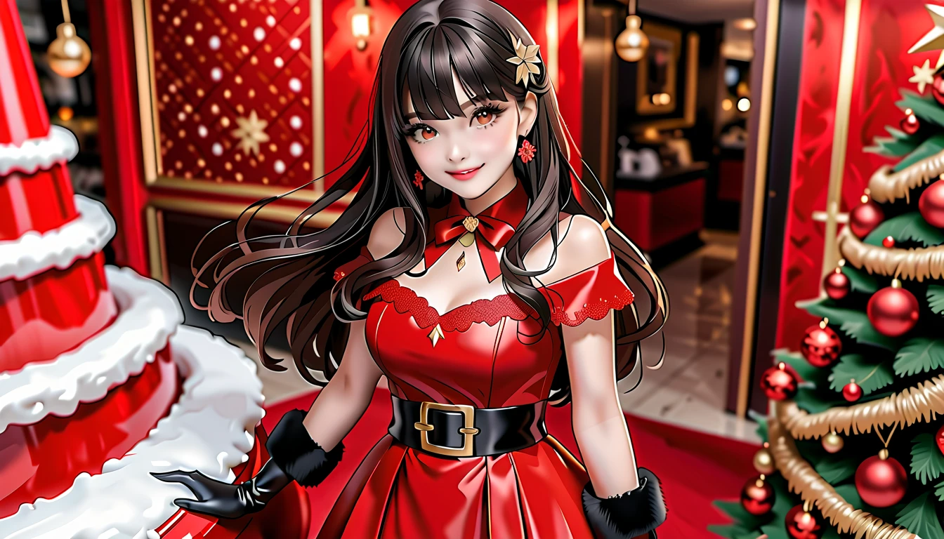 Best quality, a beautiful woman, 35 years-old,  with black straight long hair and bangs, make up, lashes, smiling, she is wearing santa claus red mini dress, belt, red leather gloves, brown tights, over-the-knees black boots, your hands is on waist, in christmas decorated florest background