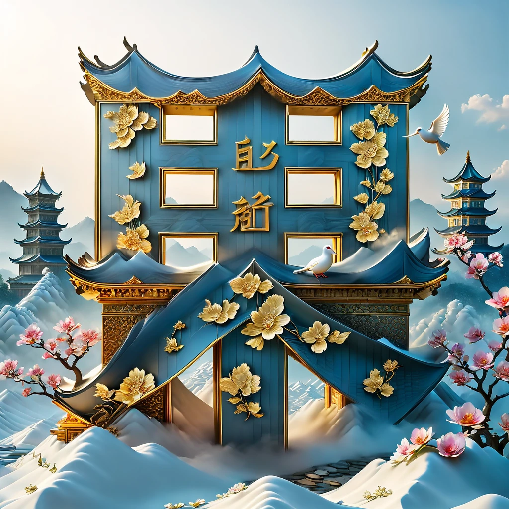 (3D numbers "7" and "5" are drawn with gold lines, the number "7" is filled with the Great Wall, mountains, Forbidden City, Temple of Heaven and other buildings, while the number "5" is filled with tall buildings, ************ flowers, floating, lanterns). The whole picture looks resplendent and magnificent,with flower ornaments,3d rendering,shadows,shocking landscape characters,white dove,the edge of the figure is surrounded by golden clouds,a masterpiece,extreme details,the highest quality.,. ((  white background ))