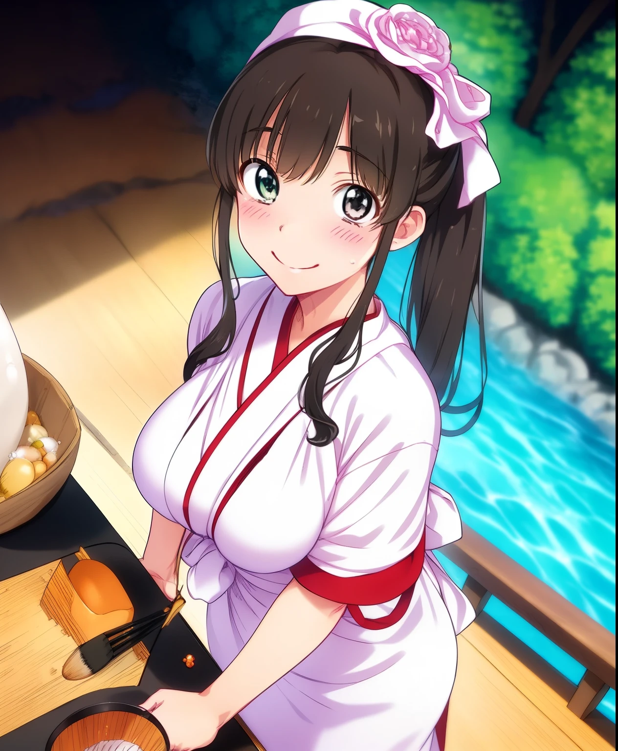 (masterpiece、 top quality 、 top quality 、 Official Art 、 beautifulと beautiful:1.2)、( One Girl :1.3) Hatsune Miku 、 Twin Tails , Beautiful breasts,   cute girl、3d mascot chibi doll。 Concept Art 。 beautiful girl with big breasts wearing a white kimono,  like a black hakama and red harness A beautiful young girl with an obi wrapped around her body .。length,  princess cut black straight hair with a red hair ribbon 。 Large , thick calligraphy brush filled with black ink、null中に向かって精力的に水墨画を描いている beautiful若い女の子。 beautiful,  Confident Smile。null中にハッキリと残された墨の太い筆の軌跡。 splashing ink。sea、seaの波、 splash、bubble、null、Background, Closeup of a person in the Ward  &Quotes;seaart&Quotes; Is a giant , thick,  with a black brush .。  full body photo 、 top quality 、4K、8k、 high definition 、masterpiece、 Ultra Details、Genuine、 photorealistic、Photo-Genuineistic、 eyes and face carefully drawn down to the smallest detail 、  desk work with 、length eyelashes、 traditional Japanese art style 、 Dynamic Poses、 Magical Atmosphere 、 bright colors 、Warm lighting、 Amazing Scenery 、 lips 、 an image of a calligraphy girl ,  student's calligraphy performance using a huge Japanese brush 