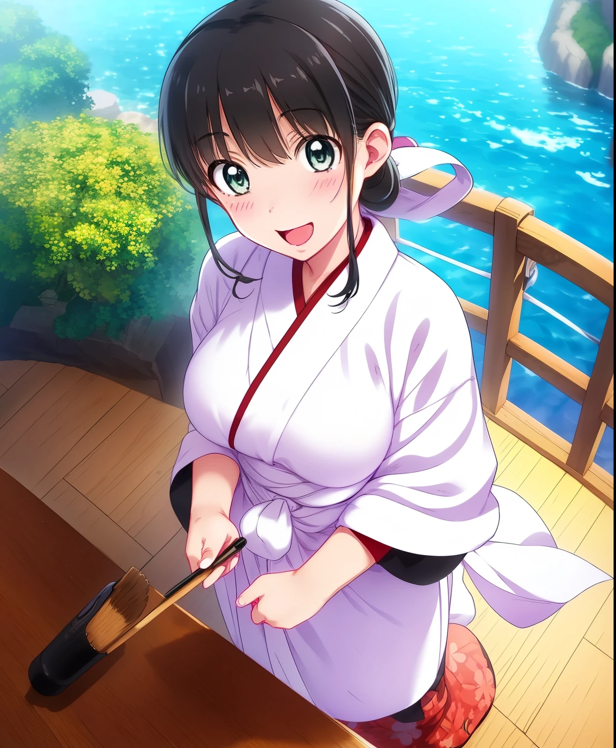 (masterpiece、 top quality 、 top quality 、 Official Art 、 beautifulと beautiful:1.2)、( One Girl :1.3) Hatsune Miku 、 Twin Tails , Beautiful breasts,   cute girl、3d mascot chibi doll。 Concept Art 。 beautiful girl with big breasts wearing a white kimono,  like a black hakama and red harness A beautiful young girl with an obi wrapped around her body .。length,  princess cut black straight hair with a red hair ribbon 。 Large , thick calligraphy brush filled with black ink、null中に向かって精力的に水墨画を描いている beautiful若い女の子。 beautiful,  Confident Smile。null中にハッキリと残された墨の太い筆の軌跡。 splashing ink。sea、seaの波、 splash、bubble、null、Background, Closeup of a person in the Ward  &Quotes;seaart&Quotes; Is a giant , thick,  with a black brush .。  full body photo 、 top quality 、4K、8k、 high definition 、masterpiece、 Ultra Details、Genuine、 photorealistic、Photo-Genuineistic、 eyes and face carefully drawn down to the smallest detail 、  desk work with 、length eyelashes、 traditional Japanese art style 、 Dynamic Poses、 Magical Atmosphere 、 bright colors 、Warm lighting、 Amazing Scenery 、 lips 、 an image of a calligraphy girl ,  student's calligraphy performance using a huge Japanese brush 