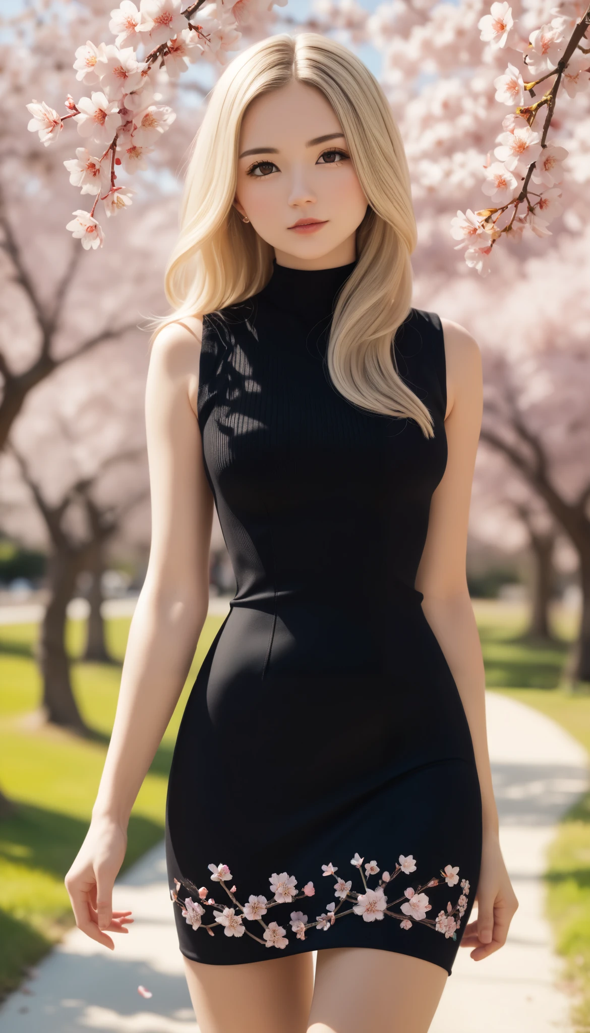   ONE GIRL PLAYING FUCKING、 Unique hairstyle、 Blonde、(((Fatigue)))、 small eyes 、    plump lips  、(((１６)))、(  knit dress、  BLACK TIGHT DRESS  :1.5)、  outdoor 、Midsummer Sun、Summer Park、cherry blossoms、Someiyoshino cherry blossoms、 top quality 、   super high resolution  、 super detailed 、masterpiece:1.5、８ｋ、MOVIE CATEGORY 、  Perfect Anatomy、   cinematic lighting 、50ｍｍ SHOOTING WITH A LENS 、 Professional photographer  、