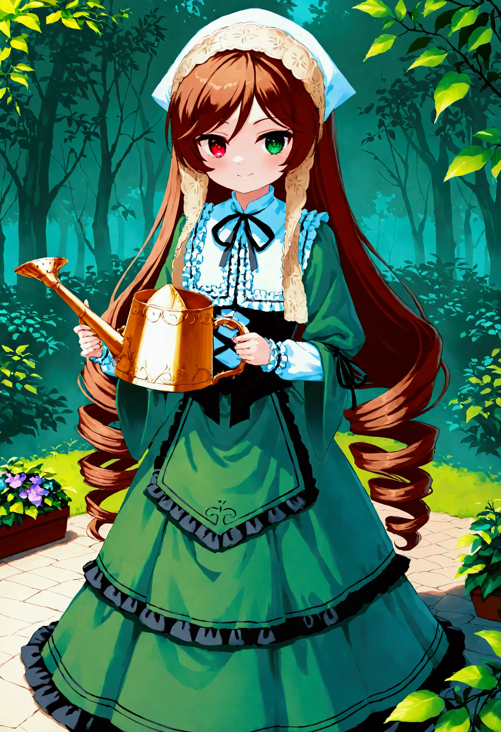 
1girl\(suiseiseki\(rosenmeiden\),doll,small, bonnet, head scarf, heterochromia, green dress, neck ribbon, twin drills,brown hair, red eye,green eye, long sleeves, green dress, very long hair, frills, black ribbon, white headwear, bangs, shoes,holding watering can,cute,full body, smirk\).beautiful plants, green leaves, garden, screen cap, anthro. BREAK .quality\(8k,wallpaper of extremely detailed CG unit, high resolution, top-quality, top-quality real texture skin, hyper realistic, increase the resolution, RAW photos, best quality, highly detailed, the wallpaper, golden ratio, high saturation realism, vibrant colors, dramatic lighting, persuasive storytelling, atmospheric scenery, captivating visuals, intricate details, strong emotions, dreamlike world\).