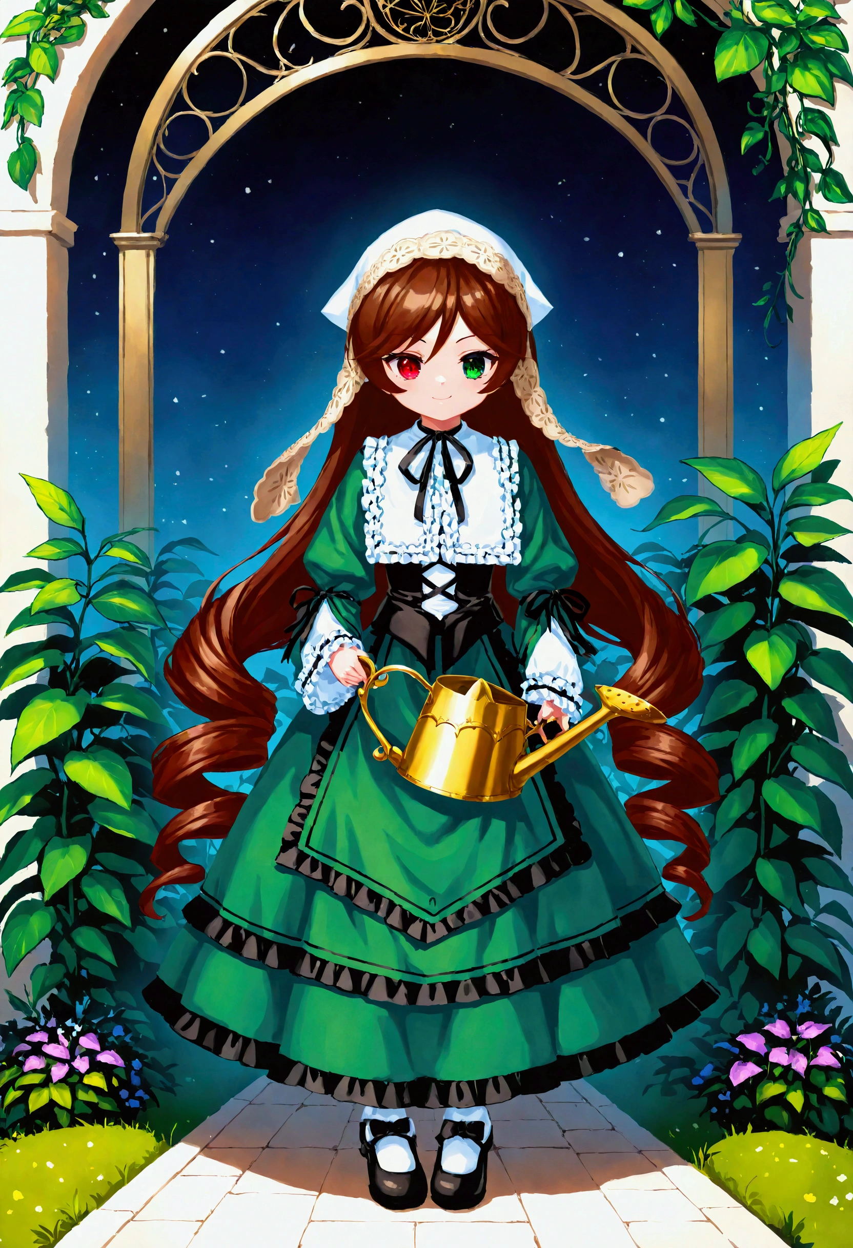 
1girl\(suiseiseki\(rosenmeiden\),doll,small, bonnet, head scarf, heterochromia, green dress, neck ribbon, twin drills,brown hair, red eye,green eye, long sleeves, green dress, very long hair, frills, black ribbon, white headwear, bangs, shoes,holding watering can,cute,full body, smirk\).beautiful plants, green leaves, garden, screen cap, anthro. BREAK .quality\(8k,wallpaper of extremely detailed CG unit, high resolution, top-quality, top-quality real texture skin, hyper realistic, increase the resolution, RAW photos, best quality, highly detailed, the wallpaper, golden ratio, high saturation realism, vibrant colors, dramatic lighting, persuasive storytelling, atmospheric scenery, captivating visuals, intricate details, strong emotions, dreamlike world\).