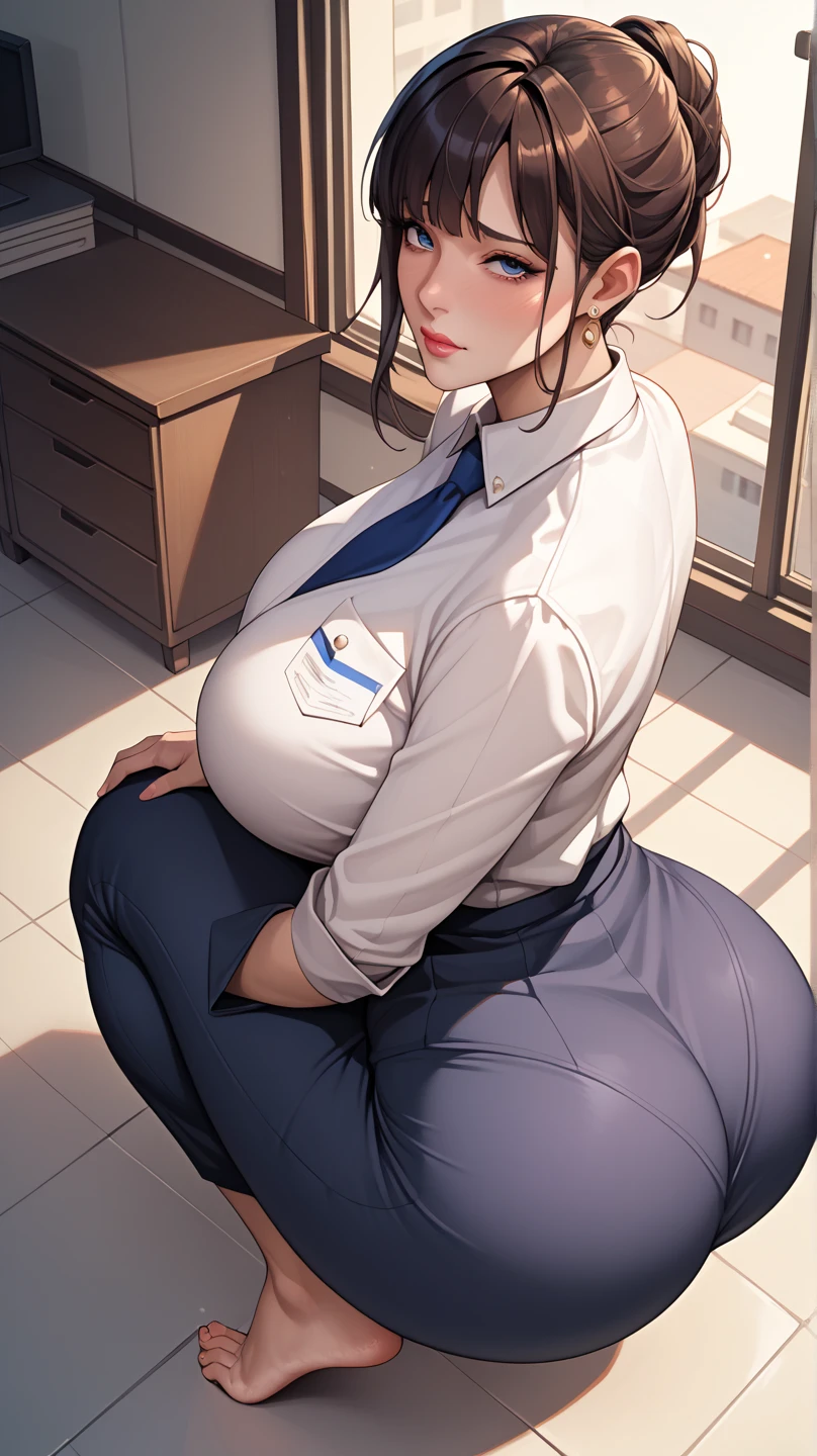 Chun-Li, 1 girl, ((bimbo))), perfect face, perfect eyes, looking at viewer, short hair, brown hair, puffy lips, thick lips, wide hips, thick thighs, craving lust face, huge natural breasts, cleavage, mature mom, collared shirt, miniskirt, office lady, looking at viewer, brown eyes, indoors, office. facing away, looking back, ass focus, huge round ass, perfect ass