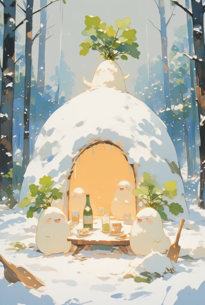 A whimsical winter scene featuring a completed kamakura (traditional Japanese igloo) made of snow, glowing warmly from the inside, surrounded by a serene snowy landscape with a light snowfall. In the foreground, three anthropomorphic daikon (radish characters) are inside the kamakura, sitting around a small wooden table and enjoying sake together. Each daikon holds a tiny sake cup, while a bottle of sake and plates of snacks rest on the table. One daikon raises its cup in a cheerful toast, another leans back laughing, and the third sits calmly, sipping its sake. The soft orange glow of the interior creates a cozy contrast against the cold white snow outside. Outside the kamakura, footprints and small wooden shovels hint at the daikon characters' hard work. The surrounding forest, with tall trees dusted in snow, frames the scene, adding depth and a sense of tranquility. Snowflakes gently fall, and icicles hang from the edge of the kamakura's entrance, completing the magical and heartwarming atmosphere.