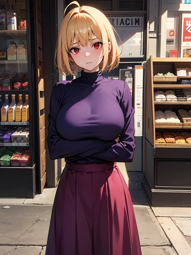 (​masterpiece, top-quality, hight resolution, Unity 8k, extremely details CG:1, Best Picture), arcueid brunestud, blonde hair, (red eyes:1.5), short hair, ahoge, long skirt, (((purple skirt))), sweater, turtleneck, white sweater, large breasts, A woman reluctantly agreeing to purchase something after being aggressively sold to. She stands at a store counter or a street vendor's stall, with a hesitant and uncomfortable expression. Her body language shows reluctance, such as crossed arms or a slight step back, yet she is being persuaded by the salesperson's enthusiastic gestures and persuasive words. Her eyes may look down or to the side, avoiding direct eye contact, and her lips are pressed into a tight line or slightly parted as she mutters, "...Alright, I'll buy it." The setting conveys a sense of pressure and discomfort, with the salesperson appearing overly confident and pushy, while the woman appears conflicted and unwilling but ultimately gives in.