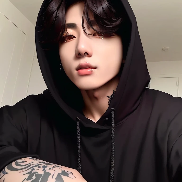 arafed man with a black hoodie and a tattoo on his arm, male ulzzang, jung jaehyun, cai xukun, jungkook, handsome japanese demon boy, south korean male, accurate jimin face, jimin\'s right eyelid swollen, jimin\'s plump lips, wan adorable korean face, in a black hoodie,best quality 