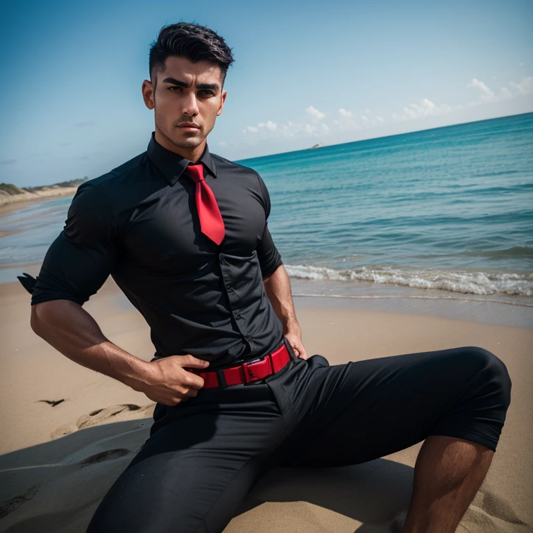 South asian man in black football jersey and football tights, long hair curly, super sexy, massive erection bulge, line visible, soft jersey material, location maldives. All the clothes and hair wet, in the rain. Pose sitting , alpha man, dominant look, mouth open, angry face expression