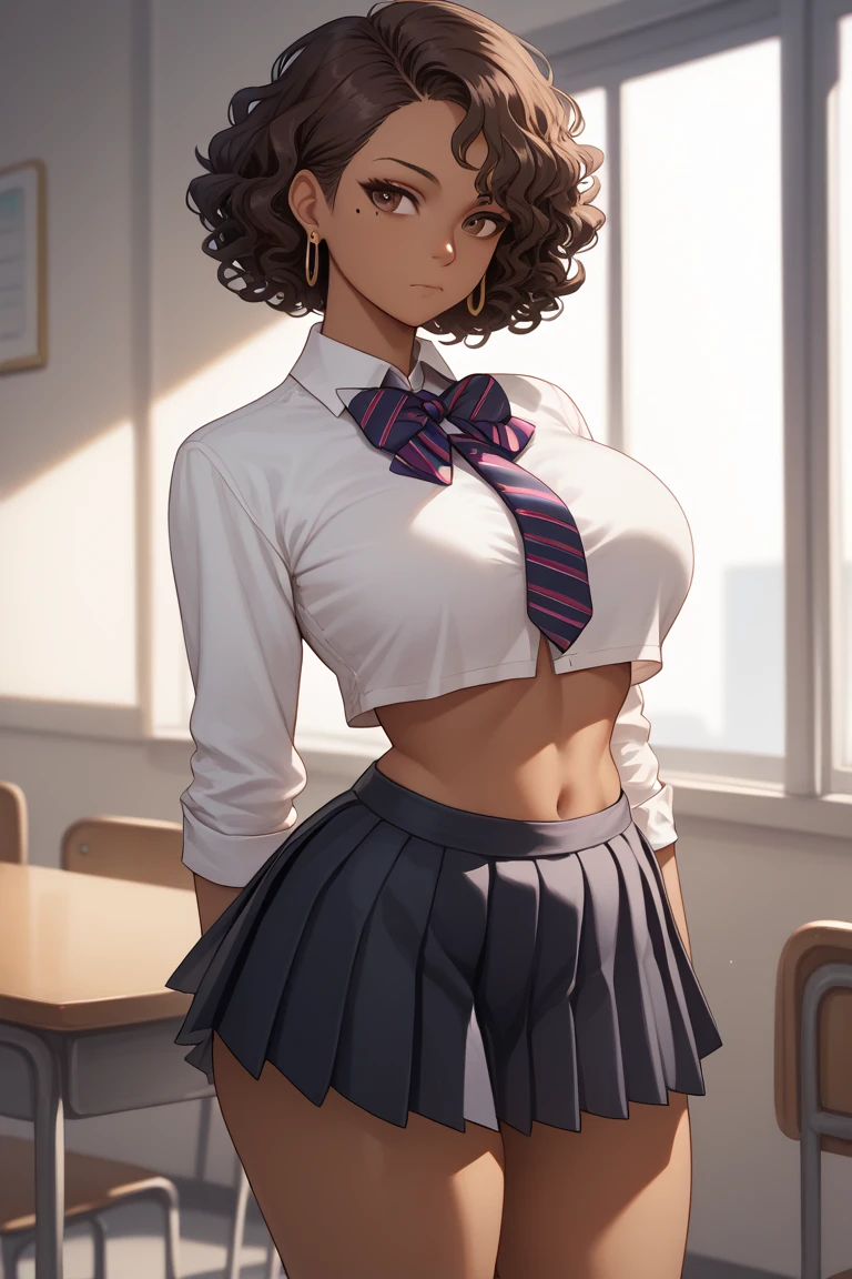 1girl, solo, looking at viewer, short hair, simple background, brown hair,curly hair, shirt, long sleeves,big waist, big ass, big breast , dark-skinned female,brown eyes, jewelry, closed mouth,skirt, shirt, black hair, long sleeves, closed mouth, school uniform, standing, white shirt, short sleeves, thighs, cowboy shot, pleated skirt, earrings, midriff, collared shirt, indoors, miniskirt, bowtie, black skirt, stomach, crop top, mole, mole under eye, blazer, , arms at sides, striped necktie