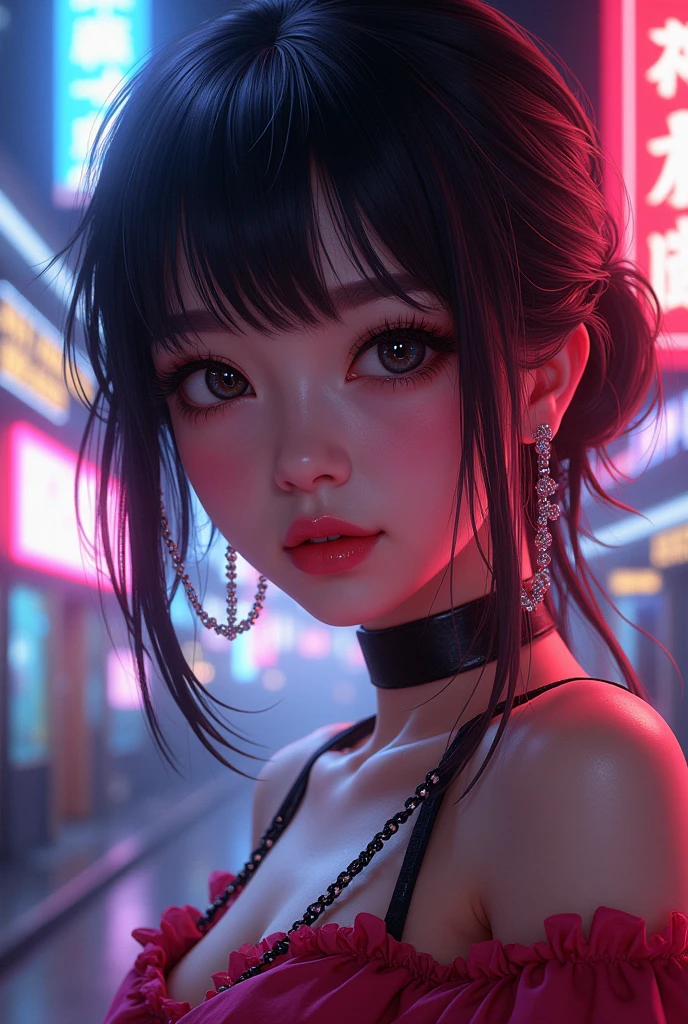 (best quality,4k,highres,ultra-detailed,realistic:1.2), a Chinese woman, small breasts, flat breasts, short hair with bangs and pigtails, white lace bra, earrings , necklace, choker, standing in the street at night, neon lights and advertising, close-up portrait