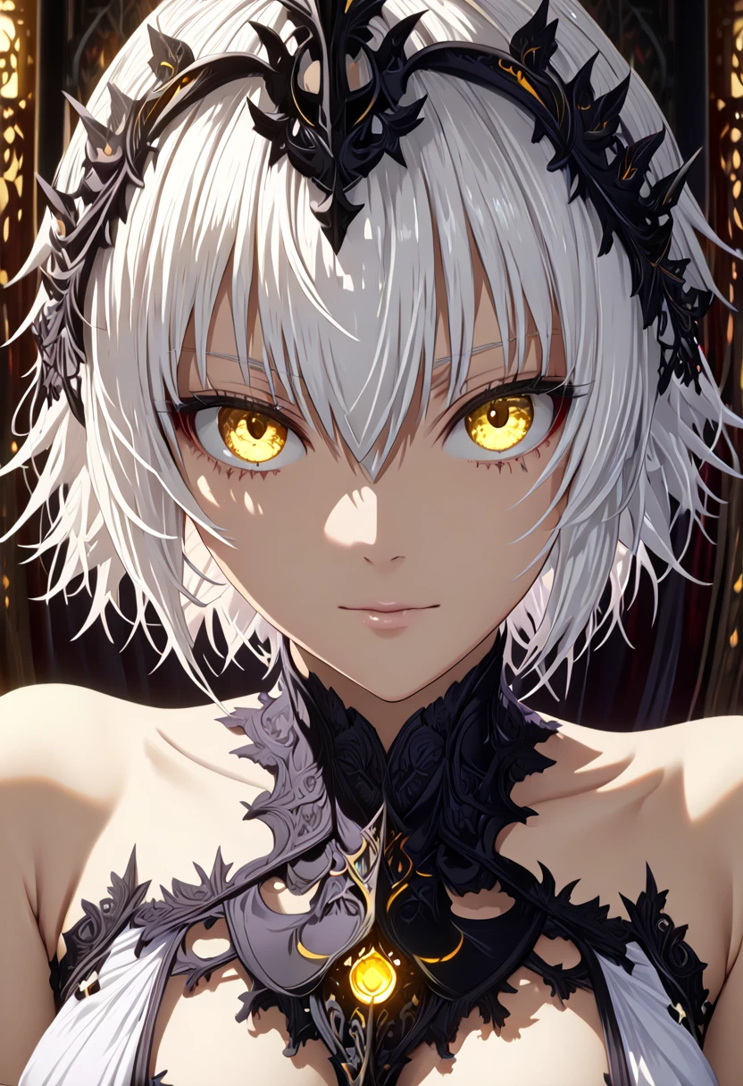 jalter, jalter, white hair, short hair, (yellow eyes:1.5), headpiece, ahoge,BREAK lingerie,BREAK indoors, bed,BREAK looking at viewer, BREAK (masterpiece:1.2), best quality, high resolution, unity 8k wallpaper, (illustration:0.8), (beautiful detailed eyes:1.6), extremely detailed face, perfect lighting, extremely detailed CG, (perfect hands, perfect anatomy),