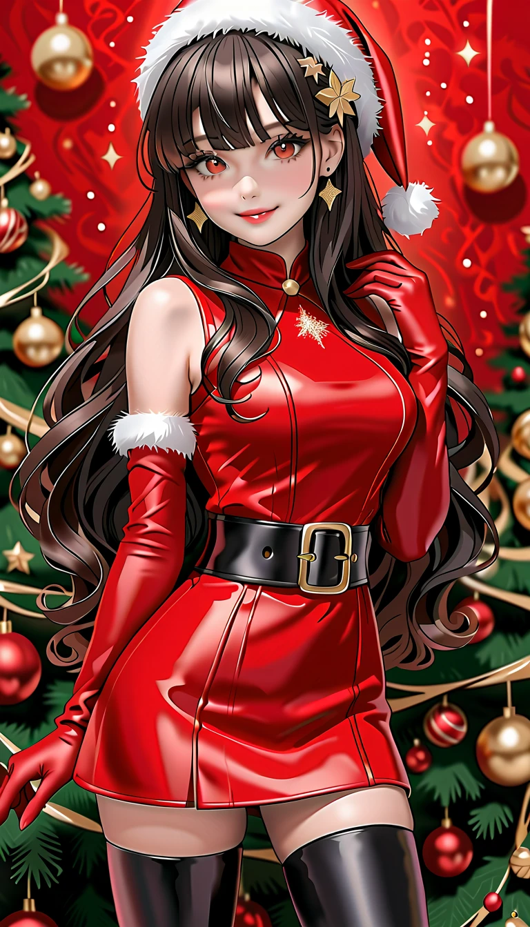 Best quality, a beautiful woman, 35 years-old,  with black straight long hair and bangs, make up, lashes, smiling, she is wearing santa claus red mini dress, belt, red leather gloves, brown tights, over-the-knees black boots, your hands is on waist, in christmas decorated florest background