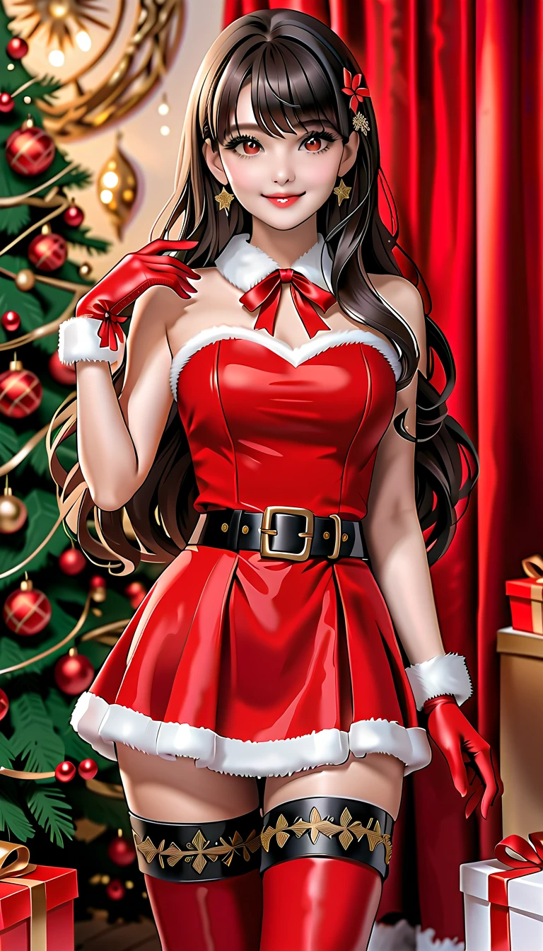 Best quality, a beautiful woman, 35 years-old,  with black straight long hair and bangs, make up, lashes, smiling, she is wearing santa claus red mini dress, belt, red leather gloves, brown tights, over-the-knees black boots, your hands is on waist, in christmas decorated florest background