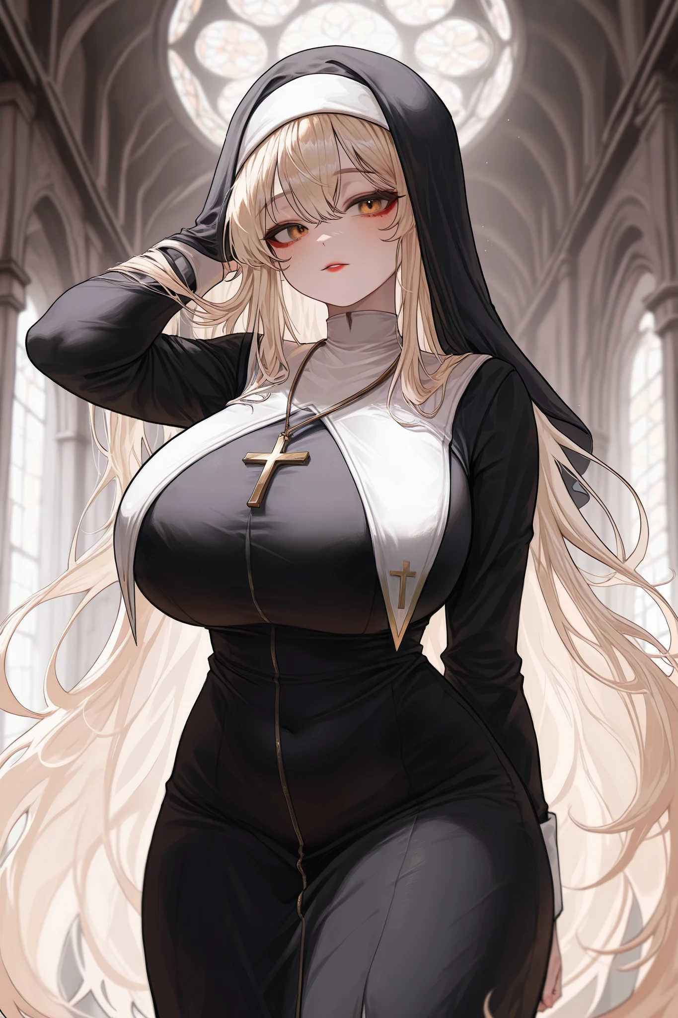 Solo,  high resolution, masterpiece,  Anatomically Accurate,  ultra high definition,  smooth skin,  very long hair , Blonde,  big boobs, makeup,  nun, ((입을 벌리다., 혀, 거친 숨, 연한 볼터치, 하트 눈빛,))