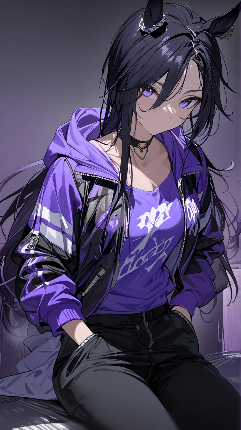  top quality , masterpiece,  high definition ,  Ultra Fine,  high detail, accurate, masterpiece, 

 Shakur  \(Horse Girl\),
  knight ,
 sitting, On the bench,  Park at night
(Multicolored jacket:1.2),
 choker ,  n , purple hoodie,  hooded jacket,  Long Sleeve ,  sleeves over the wrist ,  off shoulder,  purple shirt,  open jacket,  black pants,  sneakers, hands in a jacket,Hands in pockets,closeup
1 girl, solo, Horse ears, 