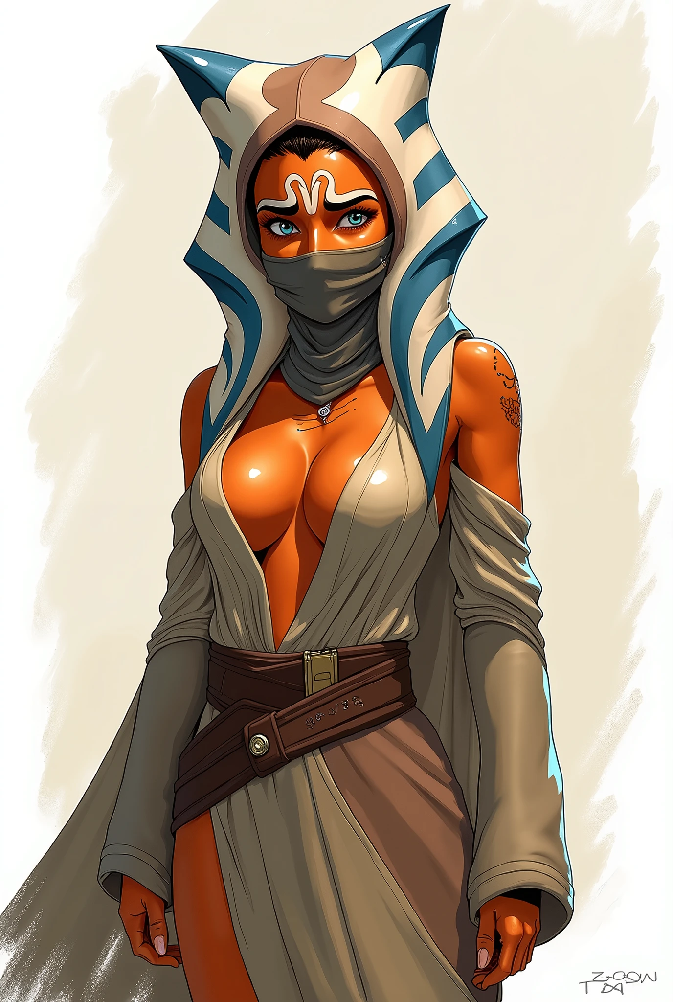 Sexy star warrior character Ahsoka Tano, with breasts and beautiful eyes, Against the backdrop of the jungle, realism