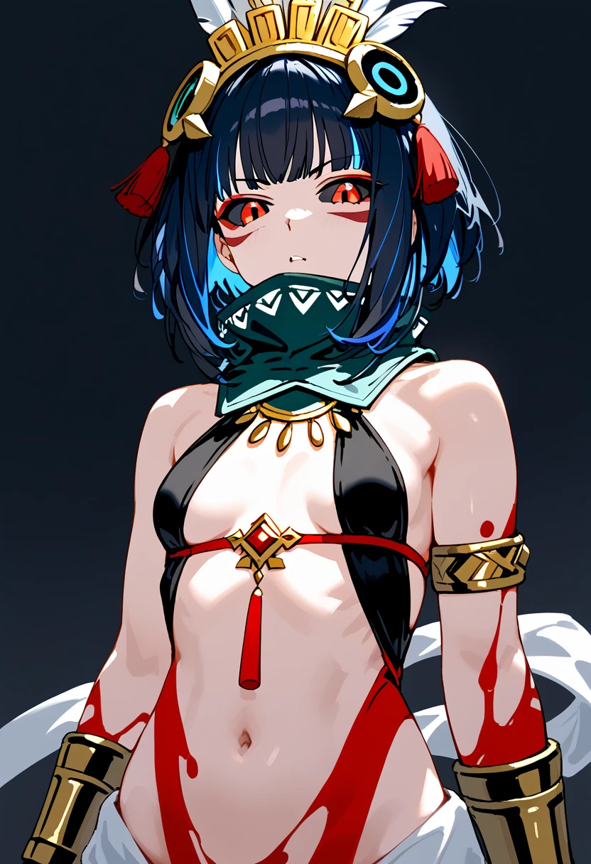 masterpiece, score_9, score_8_up, score_7_up,  1 girl, ( black sclera ,  red eyes),  short hair,  black hair,  side lock, colored inner hair,  blue hair,  eyeliner , Bloody Hands , feather,  Headdress, paint, gem,  bracers, Tassel, High collar,   Detached Color, band, halterneck, Bare shoulders, belly button,  pelvic floor muscle group ,  small breasts,  arm-crossed, Serious, tooth, upper body,  black background,  simple background, barefoot、 Greek foot sole