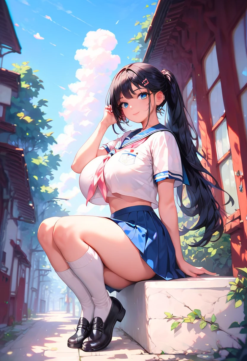 (masterpiece, 2k resolution, high resolution, perfect eye, perfect face, 1girl), black hair, (sidetail hair), blue eyes, sailor uniform, blue short skirt, long socks, black shoes, huge breast, grinning, at school entrance, windy