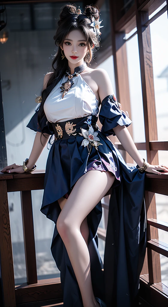 Girl in a blue dress sitting on a stone, femininity, Cute waifu in a beautiful dress