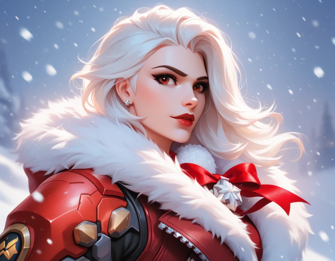  Overwatch character Ash from Overwatch  , Caledonia Ash  ,  is a masterpiece of high-quality photography, Overwatch's ,  white hair ,  red eyes, winter background,  Christmas atmosphere, beautiful Ash 