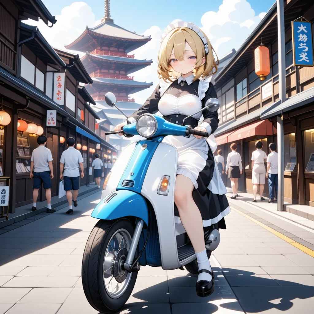 A cute 17-year-old girl with flowing blonde short bob hair, 167cm tall with long slender limbs, wearing a black long-sleeved maid's uniform with a white collar, cuffs, lace hem, and apron, white socks, thick-soled black strap shoes. She leisurely drives a blue and white Honda Super Cub 110, with its iconic round headlight, leg shield, and slim classic design, through Asakusa, Tokyo. The background includes the iconic Senso-ji Temple with its red pagoda, traditional Japanese lanterns, and bustling streets lined with shops selling souvenirs and local food. The perspective is a dynamic front diagonal angle, with cinematic lighting. Detailed digital art style with pastel and watercolor elements for a soft, lively atmosphere.