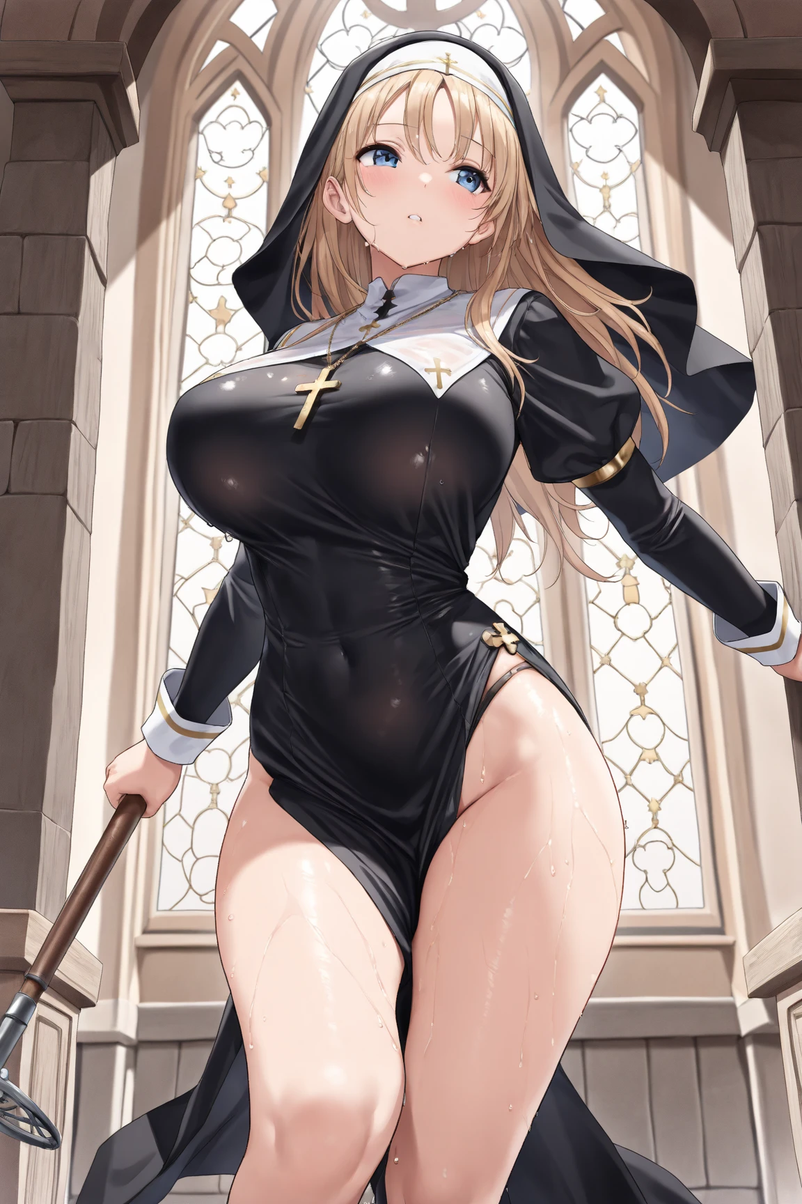 masterpiece, super fine illustration, best quality, light particles, ultra-detailed, 8K, (bright colors:1.2), young girl,[official art],[[anime styled]],[[digitalart]],siggy, nun, green eyes,long hair, brown hair, veil,(short torso),large breasts,shiny skin, oily skin,navel,[black lace bra,black lace panties],lingerie,embarrassed,1girl in,solo,perfect lighting,nsfw,church, 