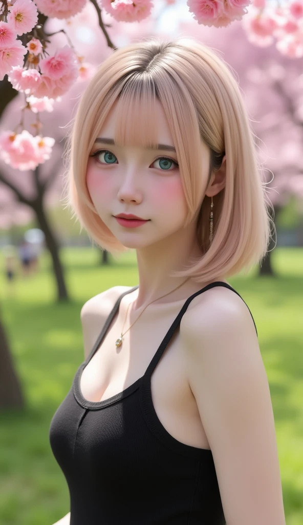   ONE GIRL PLAYING FUCKING、 Unique hairstyle、 Blonde、(((Fatigue)))、 small eyes 、    plump lips  、(((１６)))、(  knit dress、  BLACK TIGHT DRESS  :1.5)、  outdoor 、Midsummer Sun、Summer Park、cherry blossoms、Someiyoshino cherry blossoms、 top quality 、   super high resolution  、 super detailed 、masterpiece:1.5、８ｋ、MOVIE CATEGORY 、  Perfect Anatomy、   cinematic lighting 、50ｍｍ SHOOTING WITH A LENS 、 Professional photographer  、