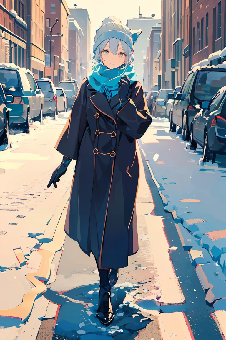 (((Best quality, 8k, Masterpiece: 1.3)), ((best quality)), ((masterpiece)), (detailed), perfect face, perfect body, (detailed skin:1.3), (intricate details), A woman wearing a warm wool coat, a cozy scarf, and knitted hat, walking on a snowy path during a cold winter day. She is also wearing gloves, and her breath is visible in the frosty air due to the cold temperature. Snowflakes are gently falling, and the ground is covered with a layer of fresh snow. The scene is serene and peaceful, with soft natural lighting and a wintry atmosphere. The woman's outfit is stylish yet practical, with earthy or neutral tones, complementing the snowy background