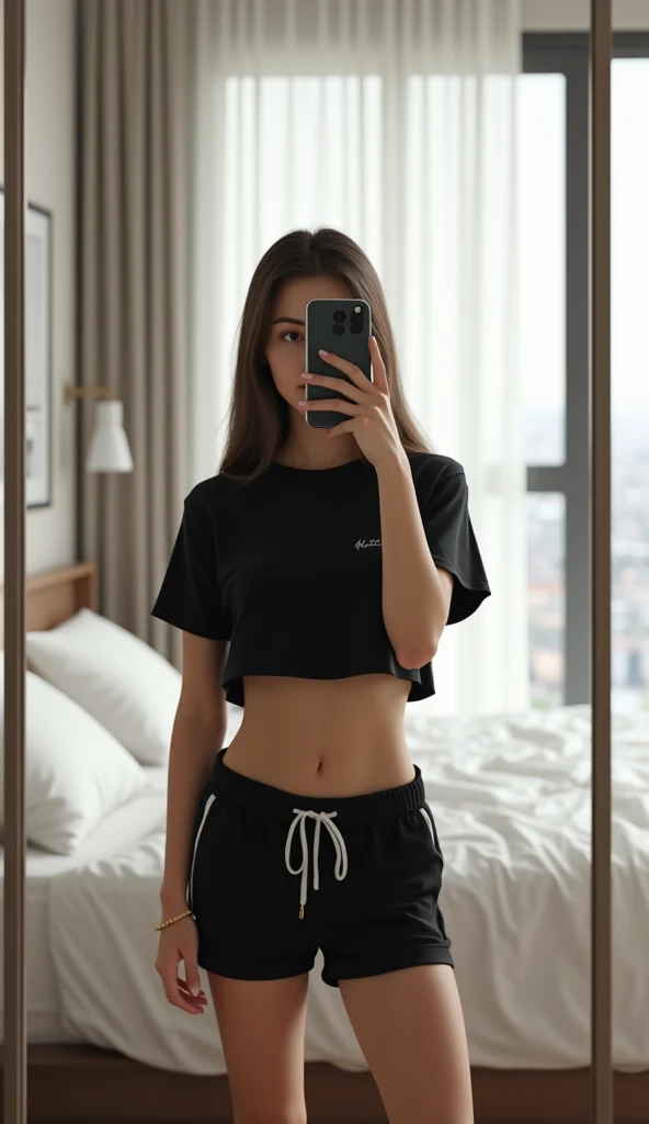 "A young woman taking a mirror selfie with her smartphone, partially covering her face. She is wearing an all-black outfit consisting of a cropped T-shirt and matching shorts with a white drawstring, revealing toned abs and a casual, sporty style. Her long, straight hair flows down over her shoulders, adding a sleek touch. The setting is a modern bedroom with a minimalistic aesthetic, featuring a large bed with white linens and pillows. A tall window with white curtains allows natural light to flood the room, creating a bright and airy atmosphere. The neutral tones of the walls and bedding complement the relaxed and stylish vibe."