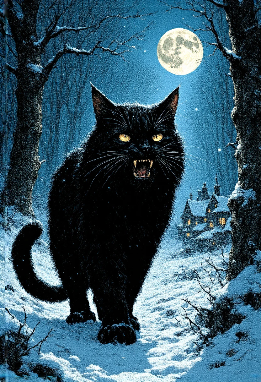 ( masterpiece:1.2 ), (  super detailed), 8k, 16k,  wallpaper, ( fantasy:2.0),  graphic novel  ,  gigantic black cat, yellow glowing eyes, baring fangs (yule cat), snowy forest, vallage, after dark, full moon