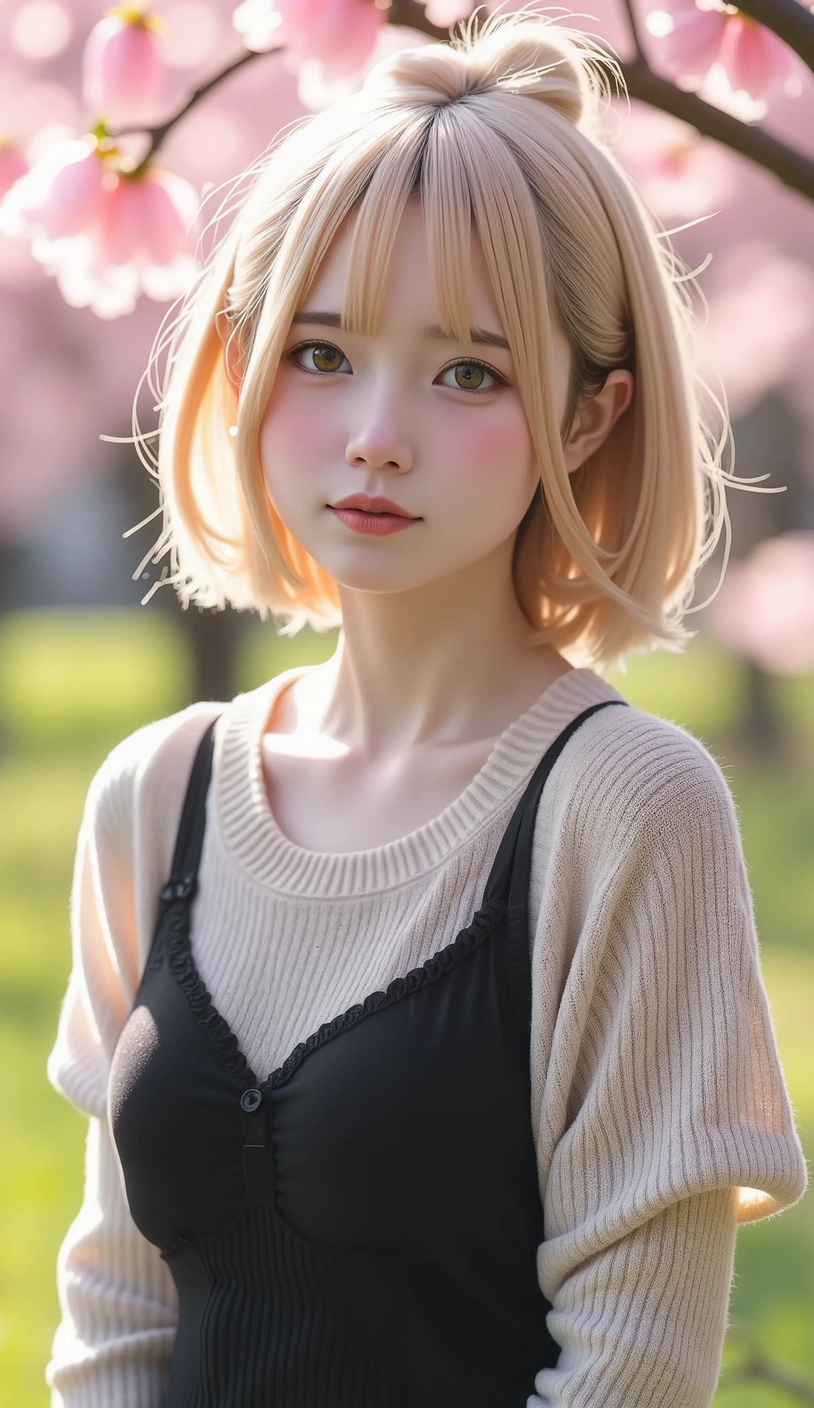   ONE GIRL PLAYING FUCKING、 Unique hairstyle、 Blonde、(((Fatigue)))、 small eyes 、    plump lips  、(((１６)))、(  knit dress、  BLACK TIGHT DRESS  :1.5)、  outdoor 、Midsummer Sun、Summer Park、cherry blossoms、Someiyoshino cherry blossoms、 top quality 、   super high resolution  、 super detailed 、masterpiece:1.5、８ｋ、MOVIE CATEGORY 、  Perfect Anatomy、   cinematic lighting 、50ｍｍ SHOOTING WITH A LENS 、 Professional photographer  、