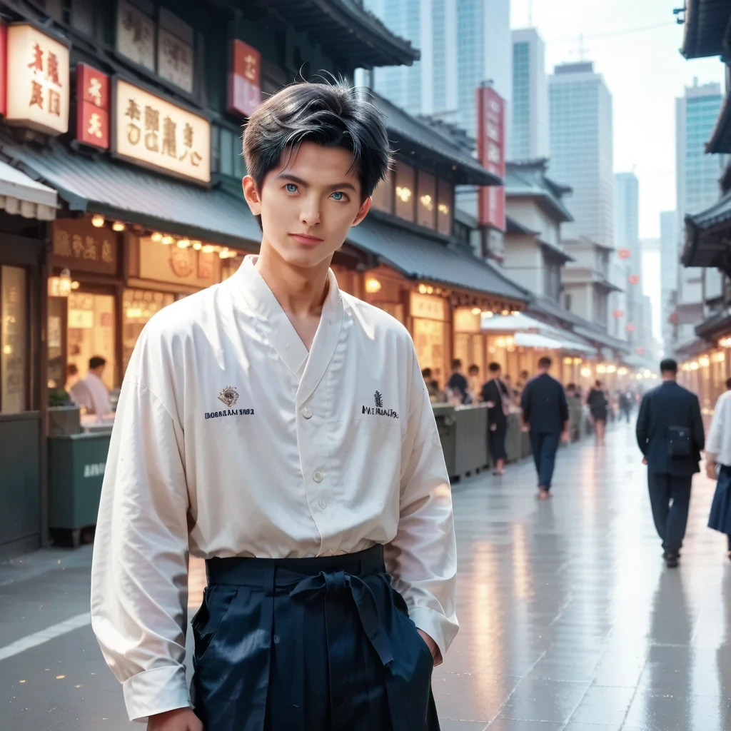 score_9, score_8_up, score_7_up,masterpiece,RAW photo,((8k))
,1 japanese boy,dark blue eye,Nagi-kun,(Universal hakama),stroll,City of the Future