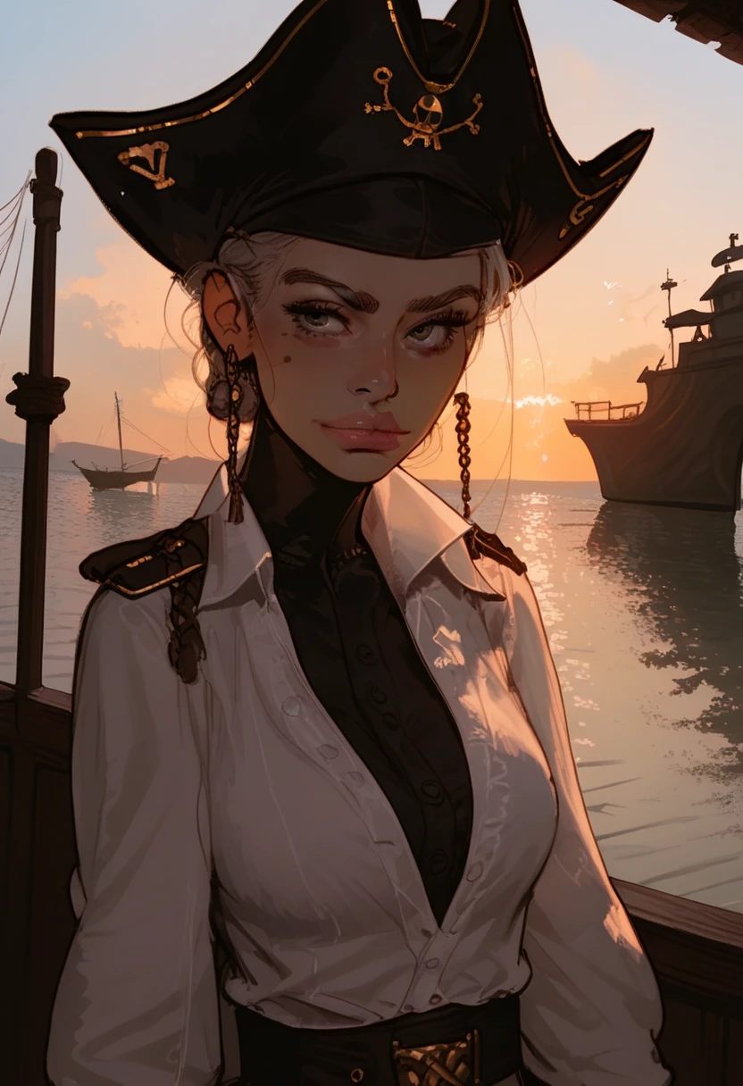 score_9, score_8_up, score_7_up, Western Comics, Portrait, girl, pirate, spanish, cute, seductive, innocent, light smile:0.3, plump lips, slender body, black hat, epic Sunrise, soft lighting, vibrant color, boat port background, depth of field, dynamic angle, fashion photography, sharp, hyperdetailed:1.15