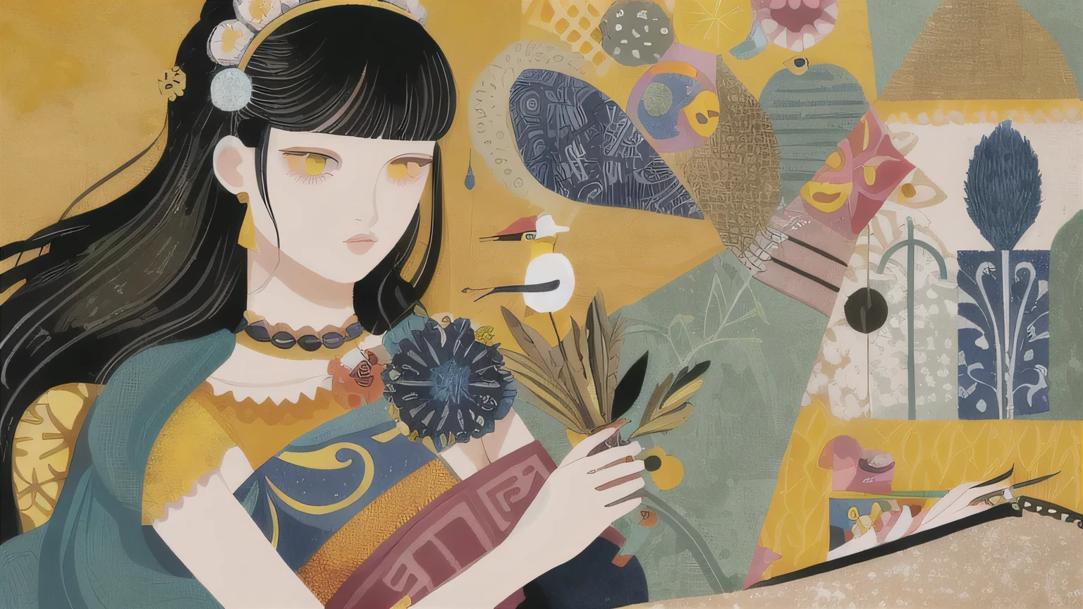 masterpiece, illustration of yellow art, in the style of grunge beauty, sandara tang, mixed patterns, charming character illustrations, folkloric , minimalis