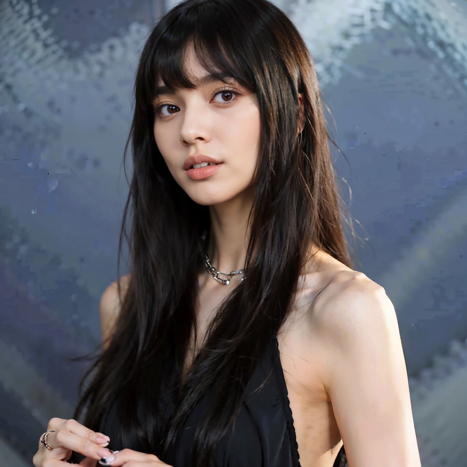 a woman with long black hair and a black dress posing for a picture, she has black hair with bangs, long black hair with bangs, long dark hair with bangs, long hair with full bangs, long hair with bangs, with full bangs, lalisa manobal, lalisa manoban of blackpink, long straight bangs, sui ishida with black hair
