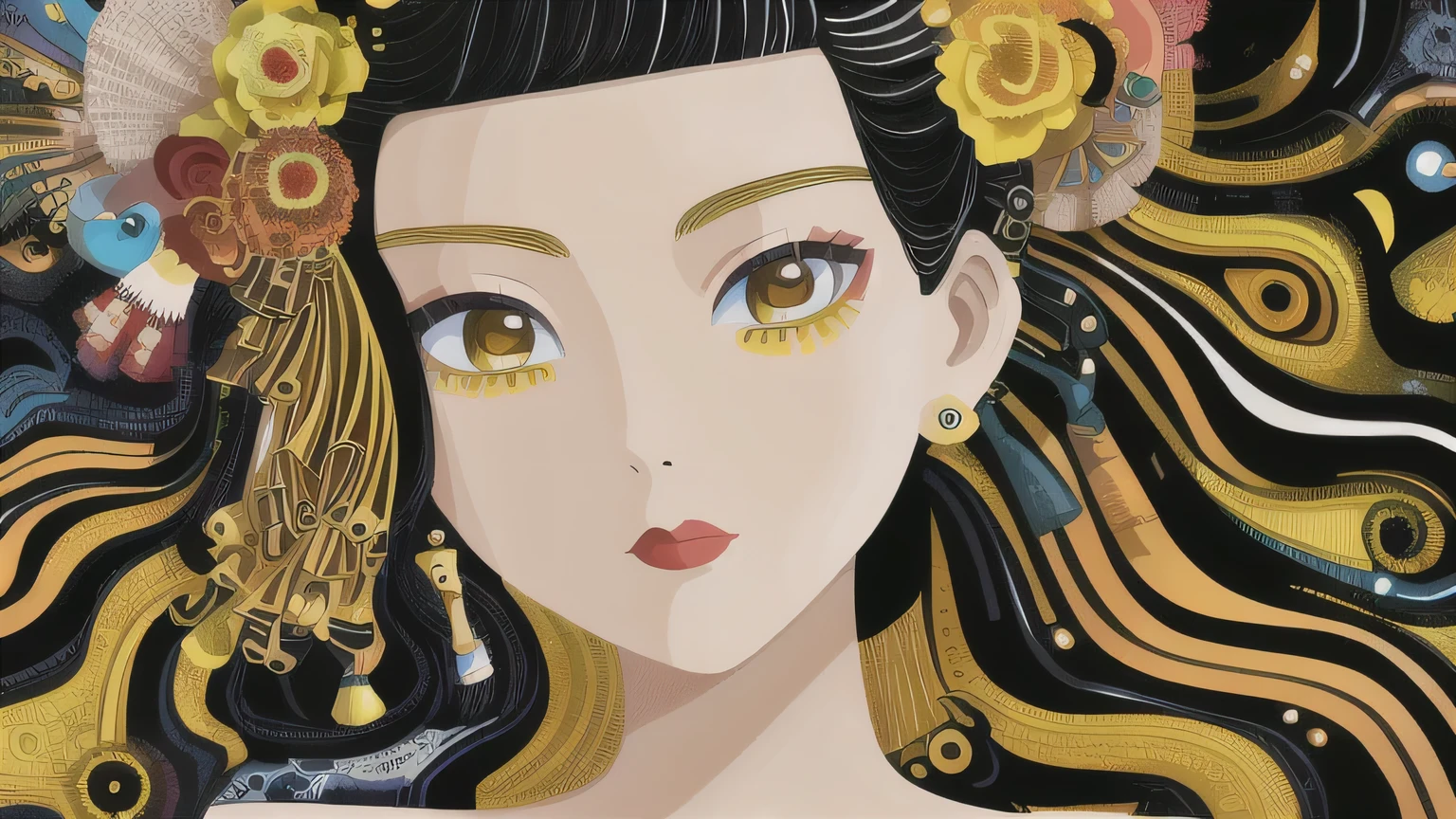 masterpiece, illustration of yellow art, in the style of grunge beauty, sandara tang, mixed patterns, charming character illustrations, folkloric , minimalis