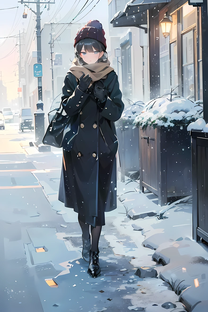 (((Best quality, 8k, Masterpiece: 1.3)), ((best quality)), ((masterpiece)), (detailed), perfect face, perfect body, (detailed skin:1.3), (intricate details), A woman wearing a warm wool coat, a cozy scarf, and knitted hat, walking on a snowy path during a cold winter day. She is also wearing gloves, and her breath is visible in the frosty air due to the cold temperature. Snowflakes are gently falling, and the ground is covered with a layer of fresh snow. The scene is serene and peaceful, with soft natural lighting and a wintry atmosphere. The woman's outfit is stylish yet practical, with earthy or neutral tones, complementing the snowy background