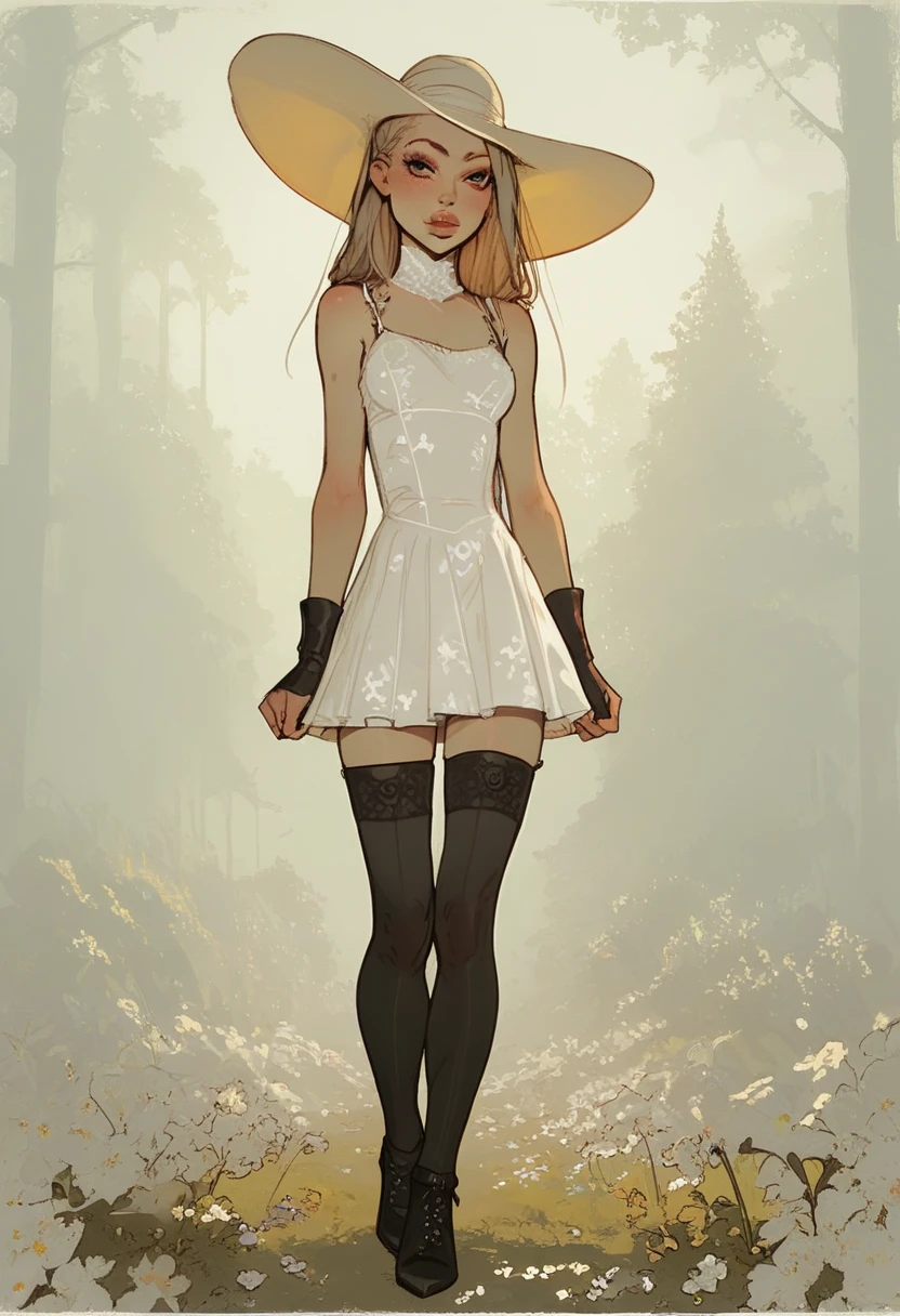 score_9, score_8_up, score_7_up, Western Comics, Full Body Shot, girl, cute, seductive, innocent, light smile:0.3, plump lips, slender body, high detailed gothic dress, red|white|black, vibrant color, mistery forest background, depth of field, dynamic angle, fashion photography, sharp, hyperdetailed:1.15