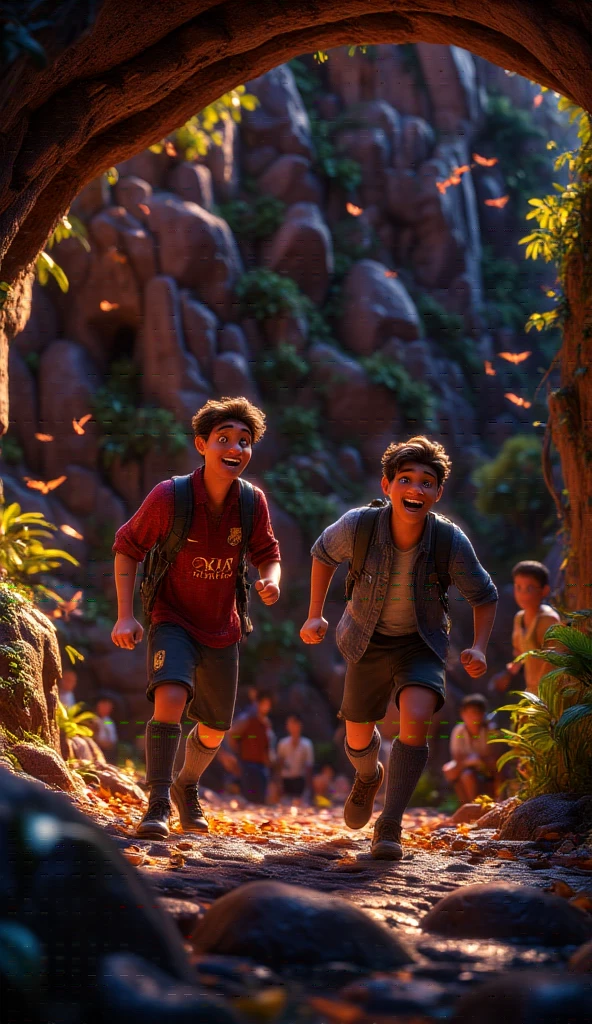 Create an image that showcases the warm welcome the Lost Boys give to Peter Pan, Wendy, John, and Michael upon their arrival in Neverland. Show the beautiful landscape of Neverland, with lush green forests and a sparkling blue river. The Lost Boys, a group of adventurous and playful children, greet them with wide smiles and open arms. Together, they form a lively and joyful scene, full of excitement and friendship