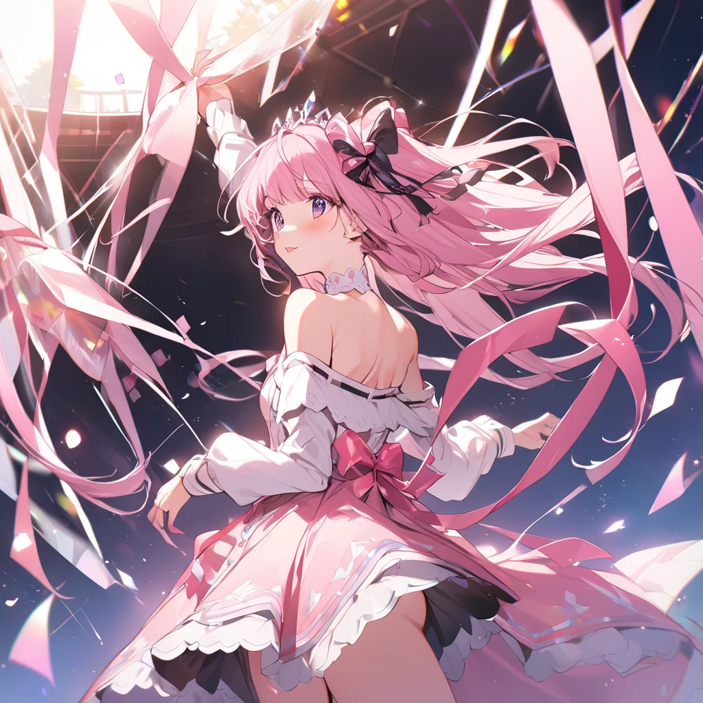 ((masterpiece))、(((Highest quality)))、((Super detailed))、((An illustration))、Attention to detail、Highly detailed CG unity 8k、High resolution、美しいAttention to detail目、Attention to detail、美しいAttention to detail目,One girl,alone,Are standing_Split,whole body, Photo of a Japanese woman in her 20s,(Hair Ribbon:0.4), Pink Eyes,(((White bun hair))),(((Pink long hair))),Made of glossy white and silver translucent glass and plastic, Geisha makeup and hairstyle, Silver metal interior, Dynamic pose, Flow organic structure, A sparkling golden circuit, colorful Neon decoration, Light emitting circuit, Neon decoration, Depth of Field Focus F/2.8, H'art.right. liver, Greg rightutowski