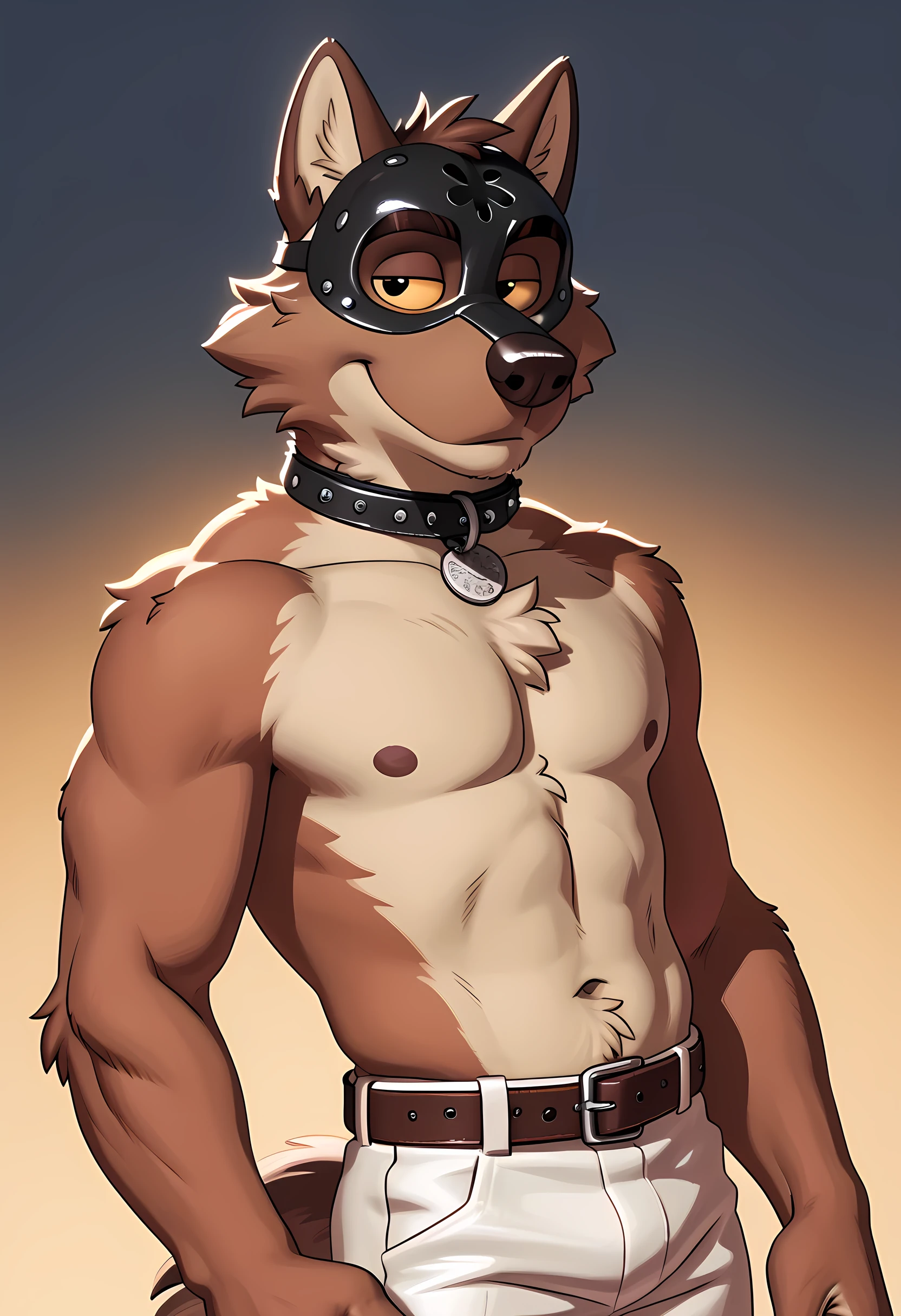 mr wolf, bg, 4k, high resolution, best quality, detailed, posted on e621, solo, anthro body, masculine, male, (plain background, gradient background:1.1), correct anatomy, (detailed eyes:1.1), (cel shaded, cartoony shading, strong shadows, dramatic lighting):1.3, confident, (by wfa, by takemoto arashi, by meesh, by Taran Fiddler), strong, (half body, upper body), (bare chest, shirtless):1.5, belt, white pants, bedroom eyes, puppy mask, leather dog mask, sturdy collar