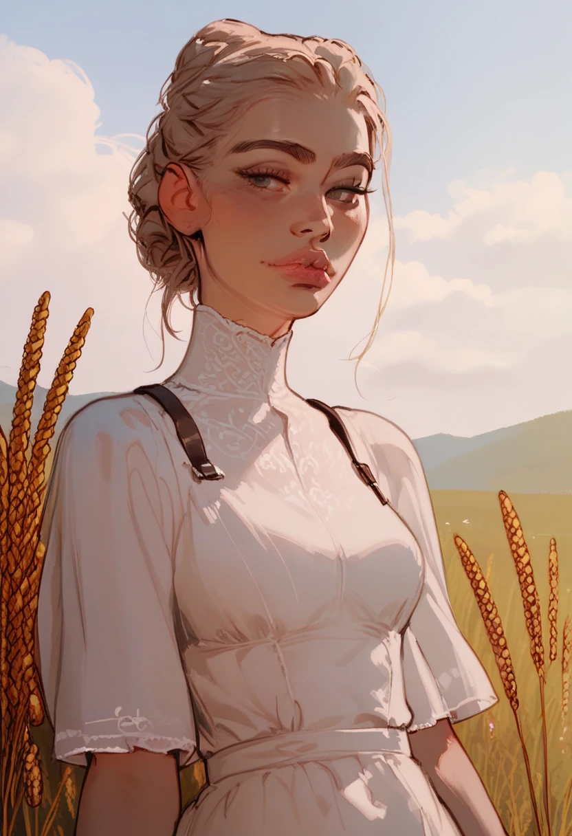 score_9, score_8_up, score_7_up, Western Comics, Portrait, girl, cute, seductive, innocent, light smile:0.3, plump lips, slender body, in white summer dress, dark storm clouds, wheat fields background, depth of field, dynamic angle, fashion photography, sharp, hyperdetailed:1.15