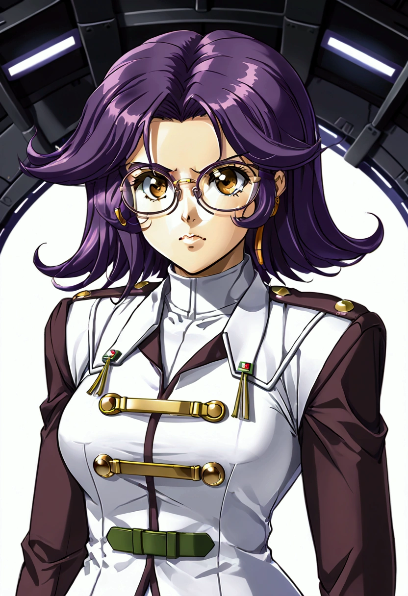 Latooni suvota from Super Robot Wars OG. Nerd, timid, big round glasses, thick glasses, serious, ((white space military uniform)). Purple hair, (hangar bay background) 