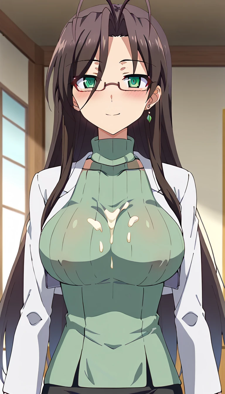 score_9、score_8_up、score_7_up、source_anime、長谷川Senri、 mature woman、 1 girl、smile、 squinting、blush、 close your mouth、 brown hair 、 green eyes、 hair like antennae 、 long hair、Semi-rimless glasses、Senri、I can take off my white coat 、 seen from the front、Green Sweater、 turtleneck 、Chest、 garter strap、 black knee socks 、 black skirt 、 pencil skirt 、 lace panties 、 looking at the viewer 、indoor、Health Room、Bed in the background、White curtain in the background、blush、 upper body、 Pizuri、動きだけ Pizuri、 sandwich a white popsicle between my breasts、Hold your chest with both hands、 melted white ice cream drips on my chest