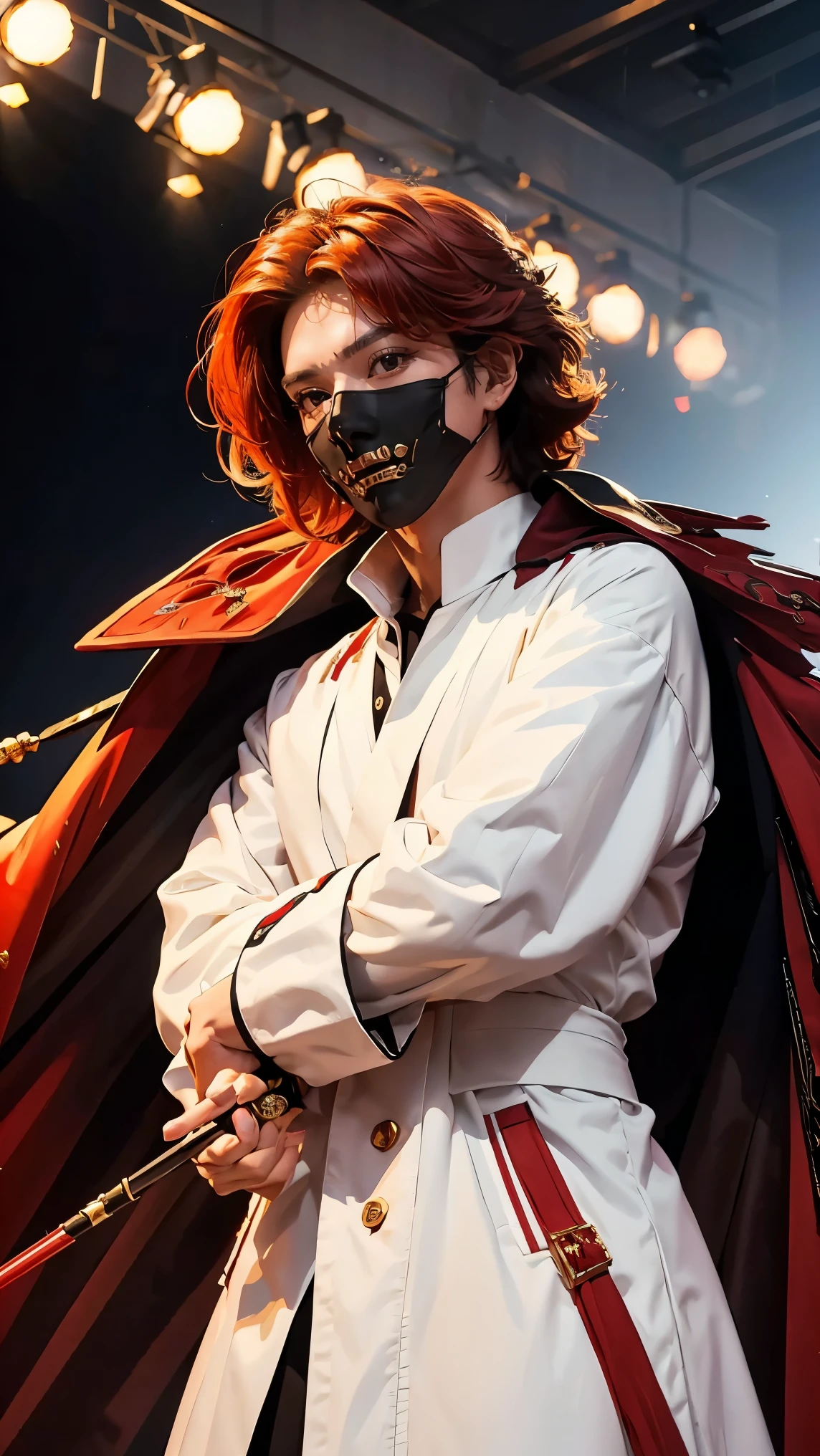 1 man, beast mouth masked, royal blood clothes style, long crimson coat, white shirt, golden cane, short hair, on the stage,